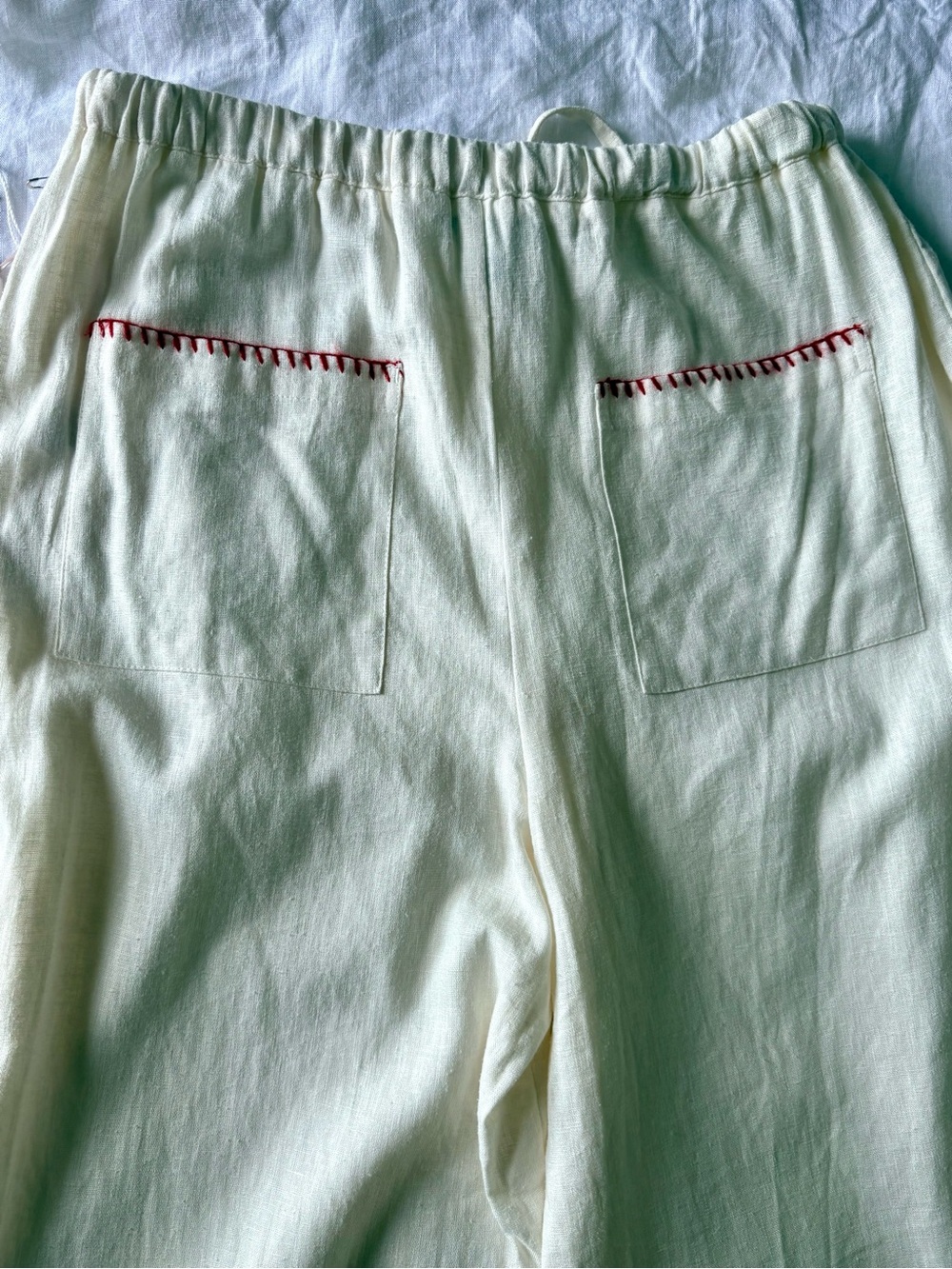 NWT Calypso St. Barth Linen Blend Wide Leg Pants White Red Whipstitch Size 8 - Picture 6 of 10